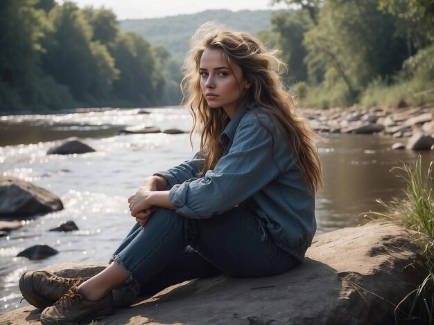 Foto ein mädchen sitzt am ufer eines flusses