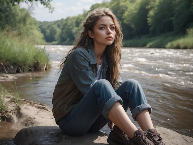 Ein Mädchen sitzt am Ufer eines Flusses