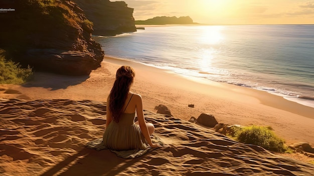 Ein Mädchen sitzt an einem einsamen Strand mit Meer im Hintergrund