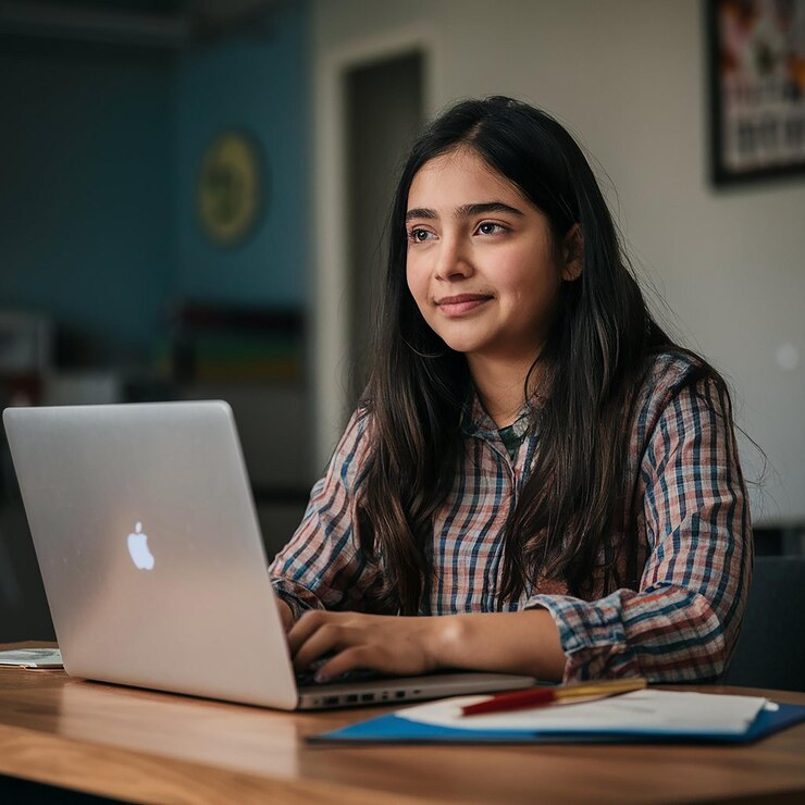 ein Mädchen sitzt an einem Schreibtisch mit einem Laptop und einem Bild einer Frau auf der Rückseite ihres Laptops