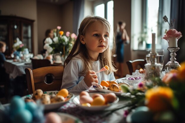 Ein Mädchen sitzt an einem Tisch mit Eiern und Blumen.
