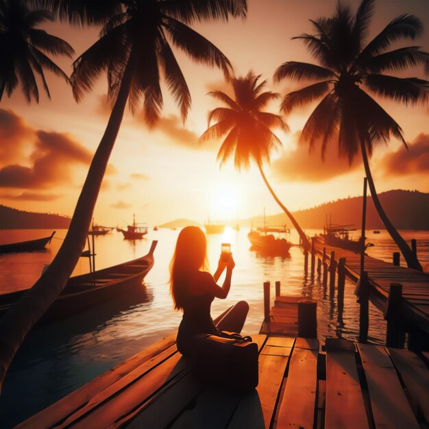 ein Mädchen sitzt auf der Spitze der Klippe an der wunderschönen Küste in Sunset View ai Bilder Hintergrund