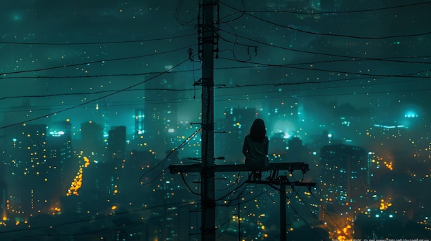 ein Mädchen sitzt auf einem Draht mit Blick auf eine Stadt