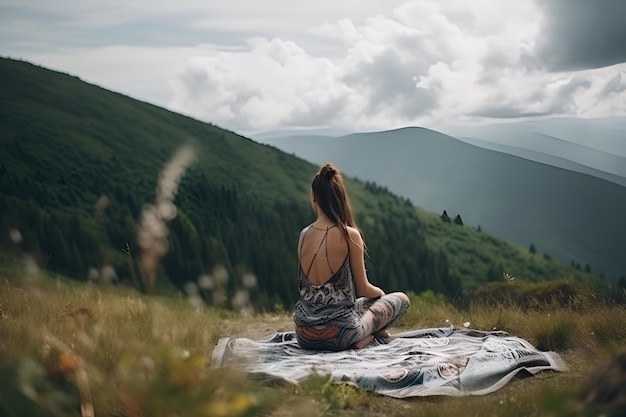 Ein Mädchen sitzt auf einem Hügel und bewundert die Berglandschaft