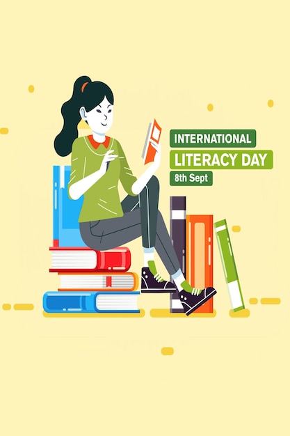 ein Mädchen sitzt auf einem Stapel Bücher mit einem grünen Schild, auf dem steht International Literacy Day
