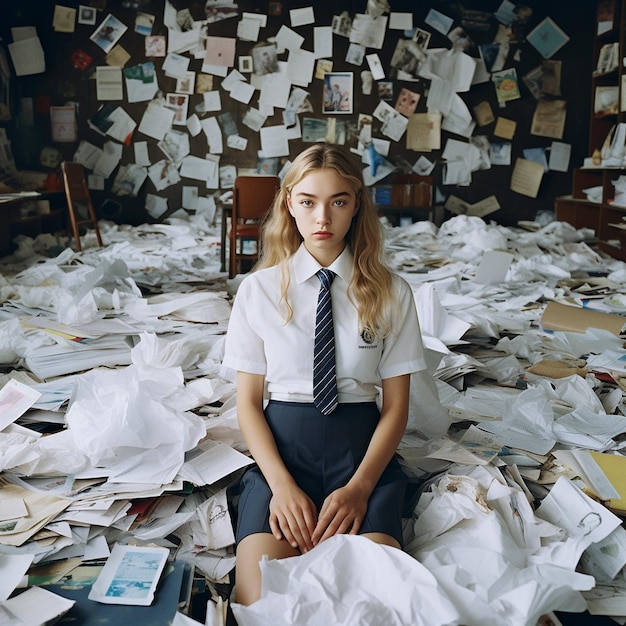 Ein Mädchen sitzt auf einem Stapel Papiere, auf dem ein Papier liegt.