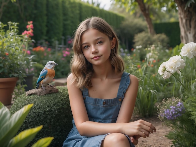 Ein Mädchen sitzt im Garten mit einem Vogel in der Hand
