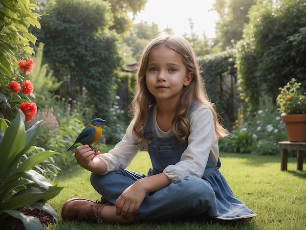 Ein Mädchen sitzt im Garten mit einem Vogel in der Hand