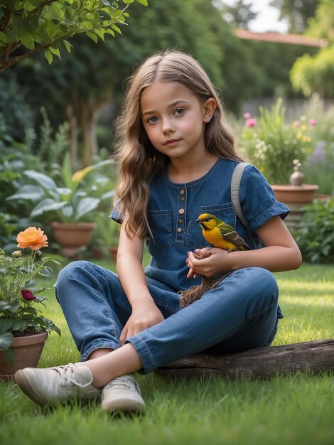 Foto ein mädchen sitzt im garten mit einem vogel in der hand