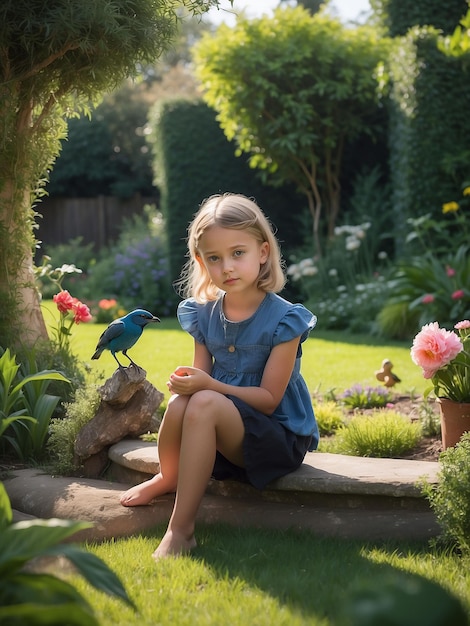 Ein Mädchen sitzt im Garten mit einem Vogel in der Hand