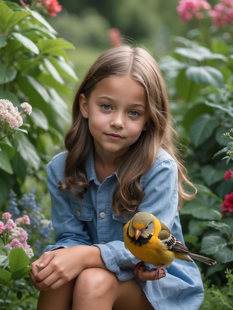 Foto ein mädchen sitzt im garten mit einem vogel in der hand