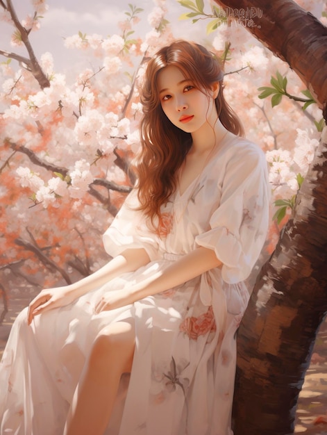 Ein Mädchen sitzt in der Nähe eines Kirschbaums im Stil der sanften und träumigen Töne er jiaying