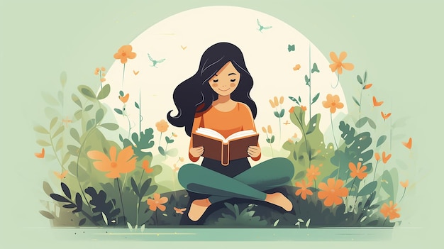 ein Mädchen sitzt in einem Garten und liest ein Buch.