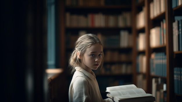 Ein Mädchen sitzt in einer Bibliothek und liest ein Buch