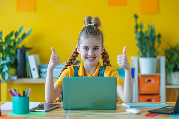 Ein Mädchen sitzt mit einem Laptop am Schreibtisch