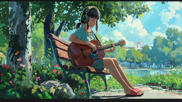 ein Mädchen spielt Gitarre und hört Musik auf einer Bank