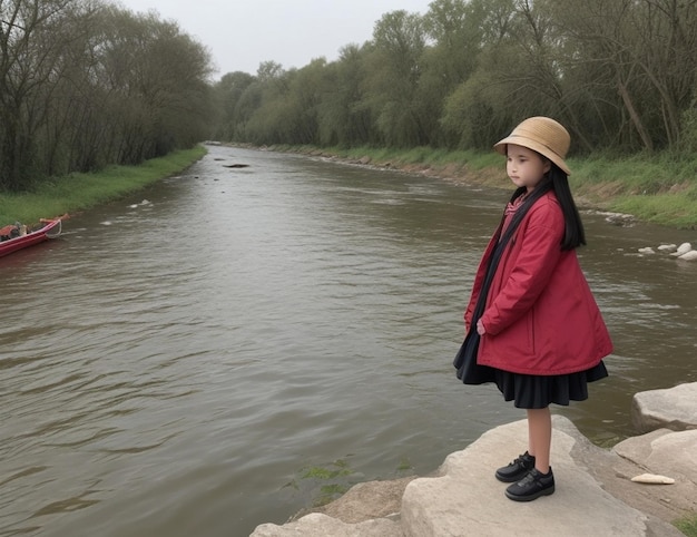 Foto ein mädchen steht am flussufer