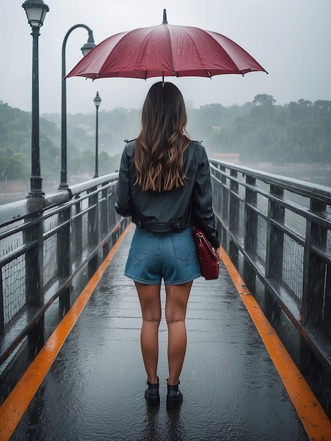 Foto ein mädchen steht auf einer großen brücke mit einem regenschirm, während es regnet