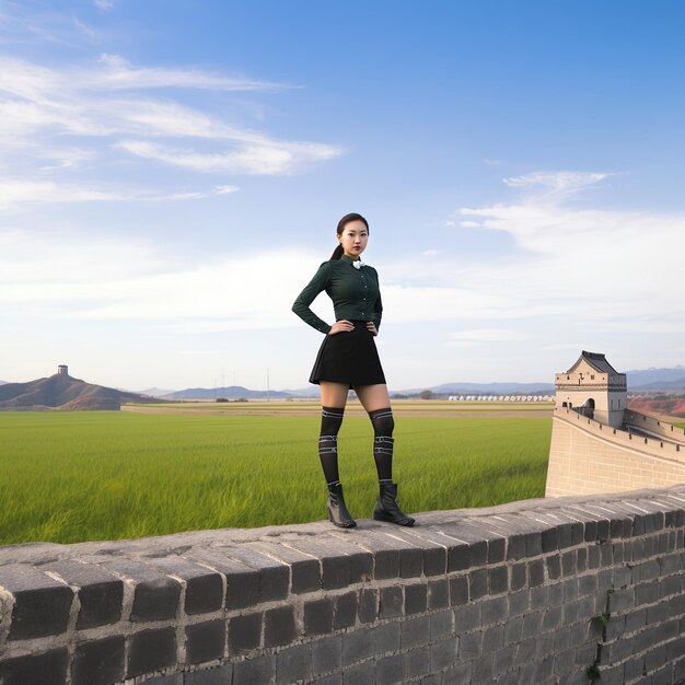 ein Mädchen steht auf einer Ziegelsteinmauer mit einem grünen Feld hinter sich