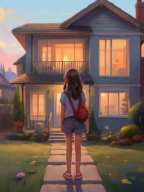 Ein Mädchen steht vor dem Haus