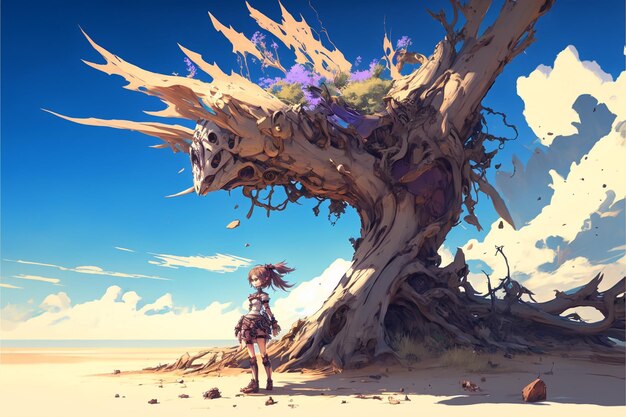 Ein Mädchen steht vor einem Baum, hinter sich ein blauer Himmel.