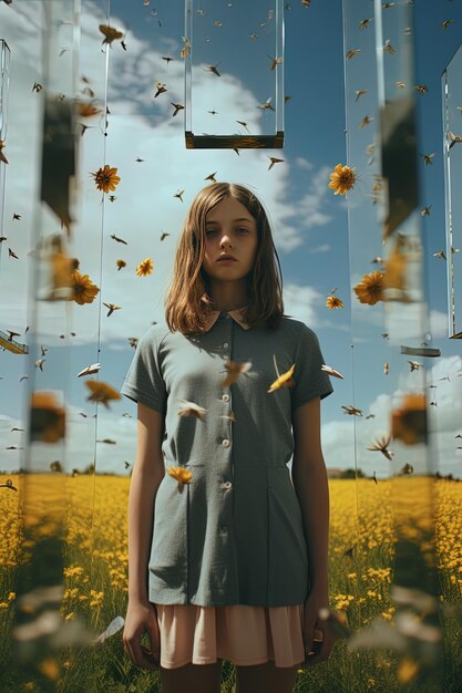 ein Mädchen steht vor einem gelben Feld mit der Sonne, die durch das Glas kommt