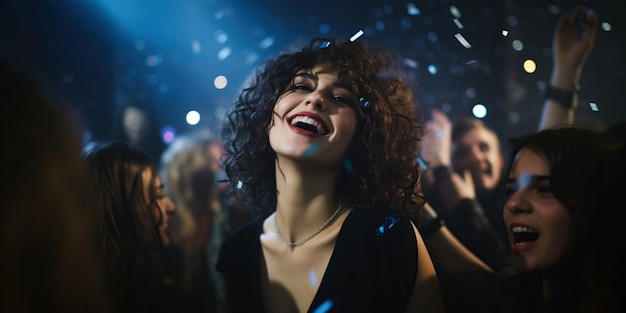 Ein Mädchen tanzt am Silvesterabend ekstatisch in einer Menschenmenge in einem Nachtclub