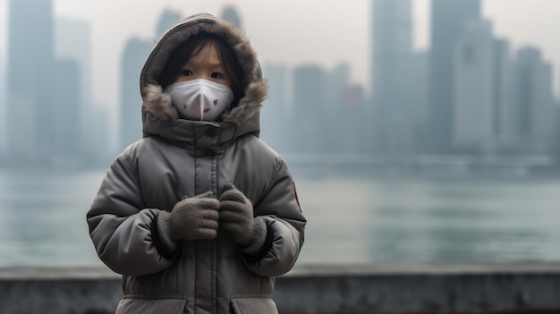 Ein Mädchen trägt eine Maske, um sich vor Smog und der Verschmutzung durch Fabriken und Autos in Städten zu schützen