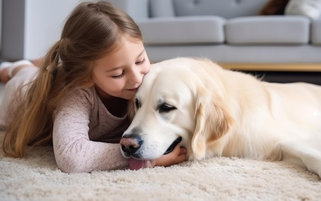 Ein Mädchen und ein Golden Retriever Hund auf einem Teppich