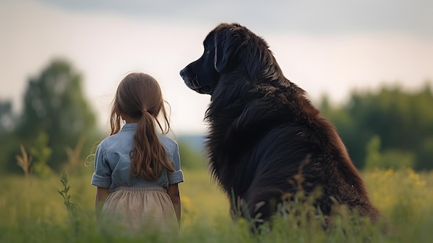 Ein Mädchen und ein großer Hund sitzen auf einem Feld