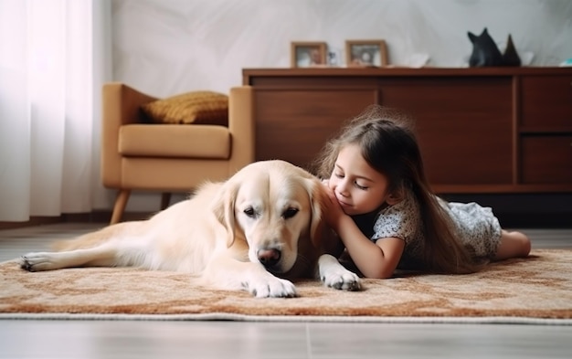 Ein Mädchen und ein Hund liegen auf dem Boden