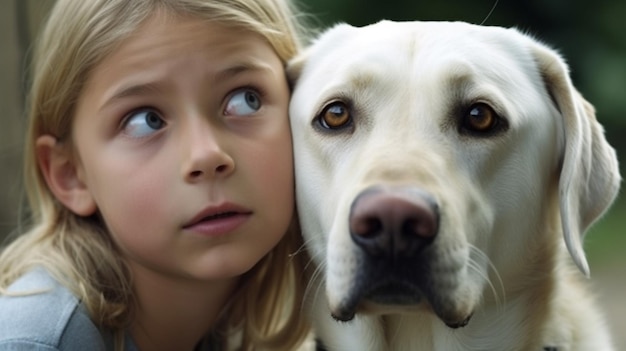 Foto ein mädchen und ein hund schauen in die kamera.