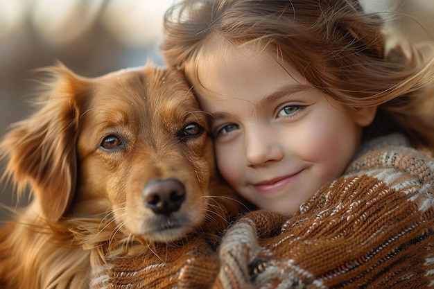 Foto ein mädchen und ein hund umarmen sich und das bild wird von einem mädchen aufgenommen