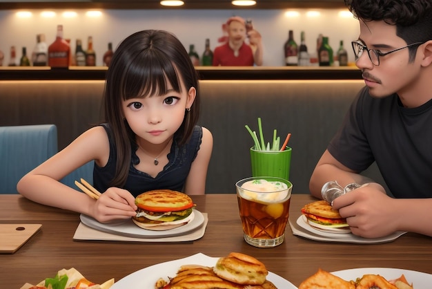 Ein Mädchen und ein Junge essen einen köstlichen Burger, begleitet von einem Glas Whiskey on the Rocks