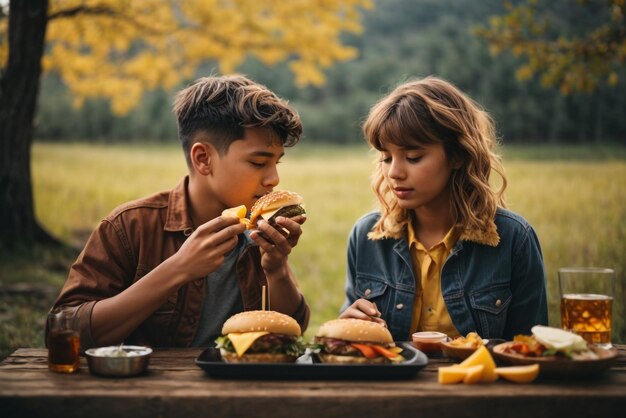 Ein Mädchen und ein Junge essen einen köstlichen Burger, begleitet von einem Glas Whiskey on the Rocks