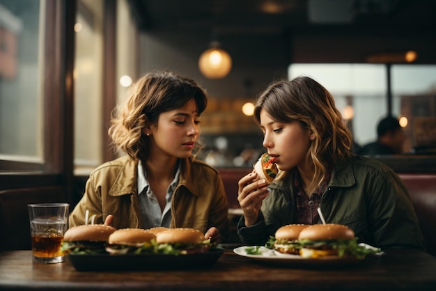 Ein Mädchen und ein Junge essen einen köstlichen Burger, begleitet von einem Glas Whiskey on the Rocks