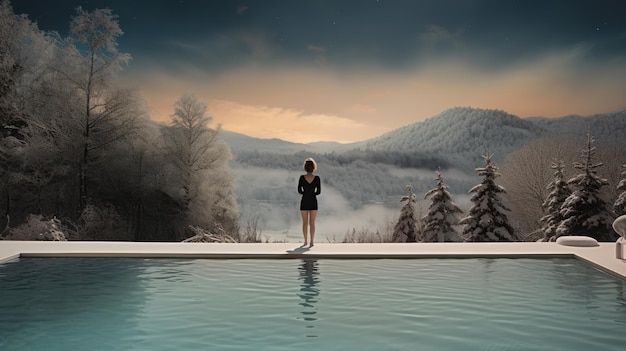 Ein Mädchen und ein Pool unter dem Schnee in einem ökologischen Chalethotel in einem alpinen Skigebiet mit Blick auf