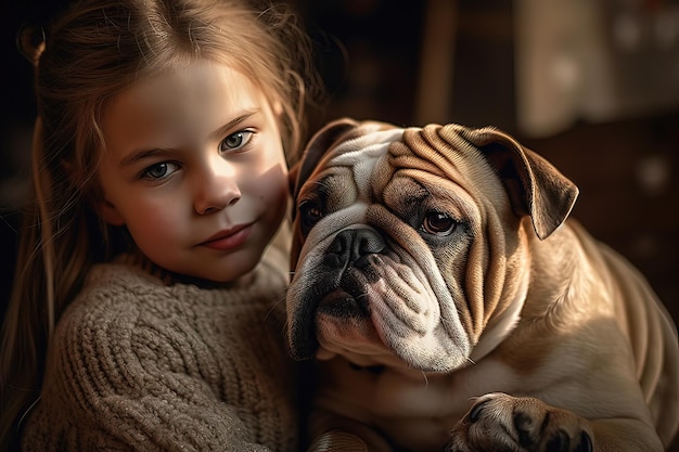 Ein Mädchen und eine Bulldogge sitzen zusammen