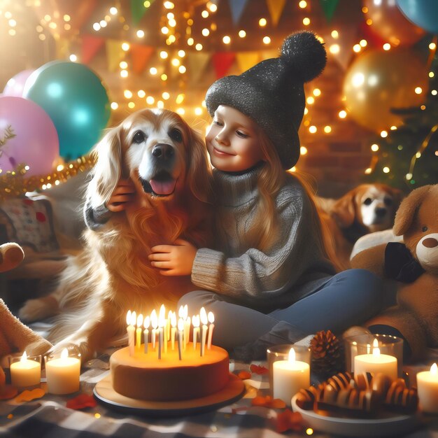 ein Mädchen und ihr Hund sitzen vor einem Geburtstagskuchen mit einer angezündeten Kerze