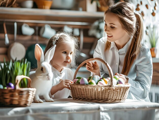 Ein Mädchen und ihre Mutter legen bunte Ostereier in einen Korb und ein weißes Kaninchen sitzt neben ihnen.