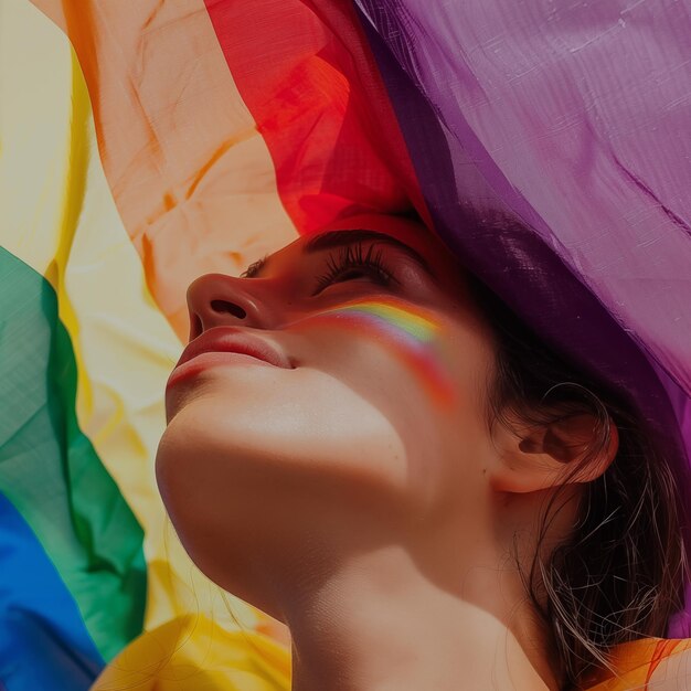 Ein Mädchen unter der Pride-Flagge feiert den Pride-Monat