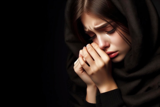 ein Mädchen weint in Trauer mit einem schwarzen Schal auf dem Kopf auf einem schwarfen Hintergrund