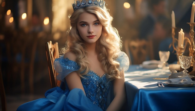 Ein Mädchen wie eine Prinzessin mit blonden Haaren und einem blauen Prinzessinnenkleid