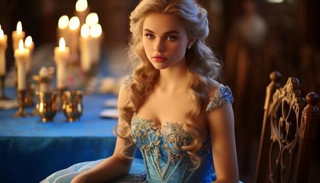 Ein Mädchen wie eine Prinzessin mit blonden Haaren und einem blauen Prinzessinnenkleid