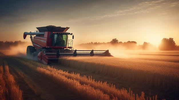 Ein Mähdrescher auf einem Feld bei Sonnenuntergang