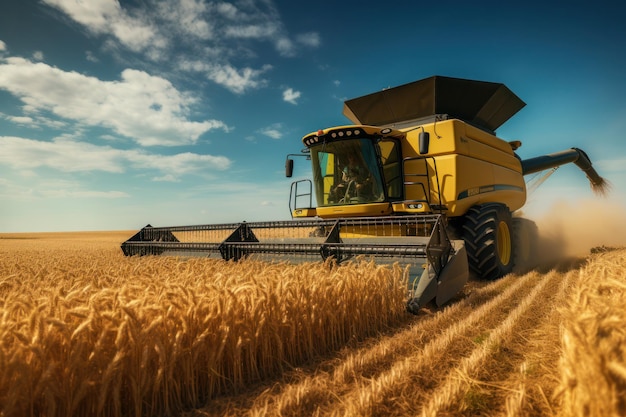 Ein Mähdrescher erntet anmutig Mais auf einem goldenen Feld und feiert damit die Pracht der Ernte