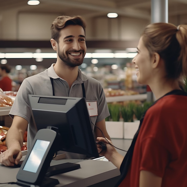 Ein männlicher Angestellter in einem Supermarkt steht an der Kasse und kümmert sich um seine Kunden