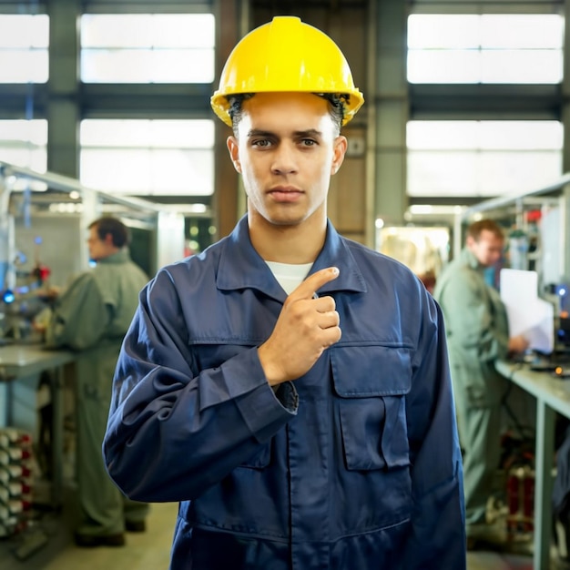 ein männlicher Arbeiter in einer blauen Uniform mit einem gelben harten Hut