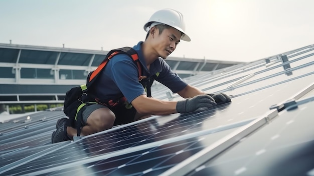 Ein männlicher Arbeiter montiert ein Solarpanel auf dem Dach eines Gebäudes. Alternative Energiequellen