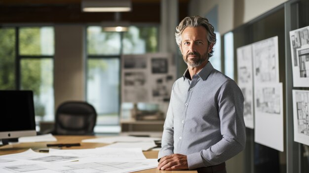 Ein männlicher Architekt steht in einem Büro vor einem Schreibtisch mit verschiedenen architektonischen Projekten